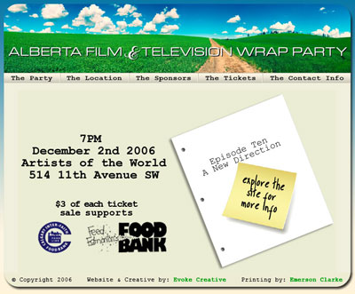 2006 Alberta Film and Television Wrap Party website screenshot.