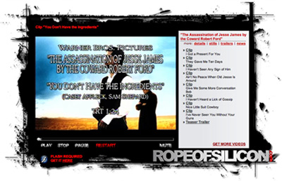 Screenshot of Rope of Silcon website with clips of The Assassination of Jesse James by the Coward Robert Ford.