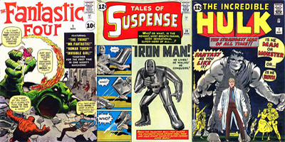 3 Jack Kirby Illustrated Comic Book Covers - Fantastic Four, Tales of Suspense, and The Incredible Hulk