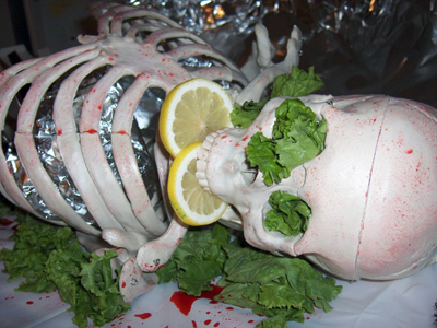 Skeleton centerpiece for Halloween supper.