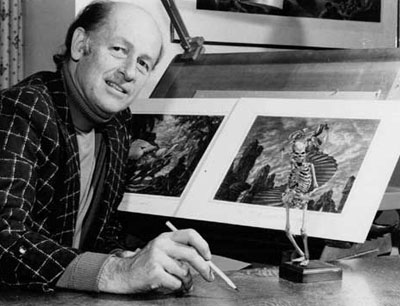 Ray Harryhausen photo with stop-motion skeleton model