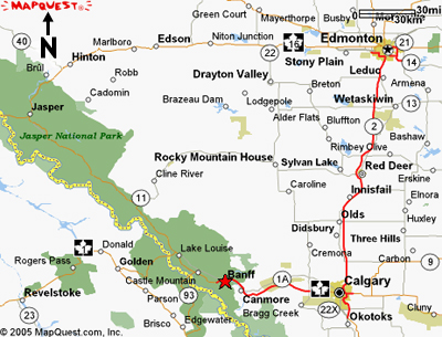 Map to Banff from Edmonton Graphic